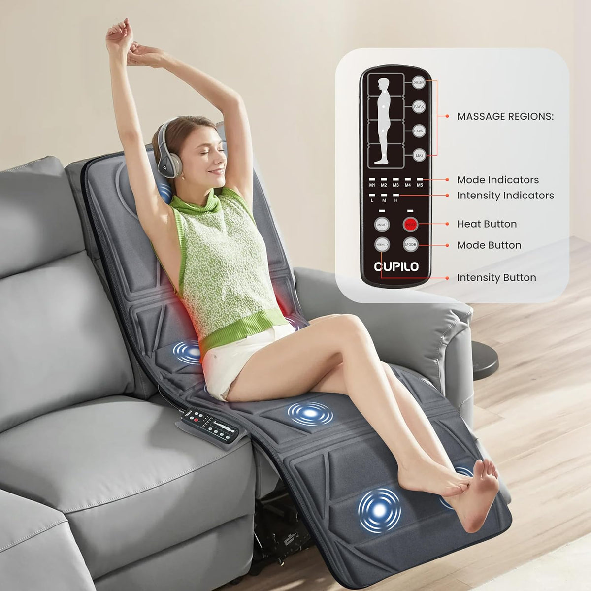 CuPiLo Heated Massage Mat for Bed, Back Massager with Heat & Vibration