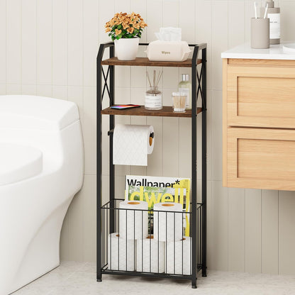 HapiRm Freestanding Toilet Paper Holder - 4-Tier Bathroom Tissue Organizer with Wood Shelves and Large Basket, Toilet Paper Holder Stand for Bathroom, Laundry Room, Apartment - Black（Large）