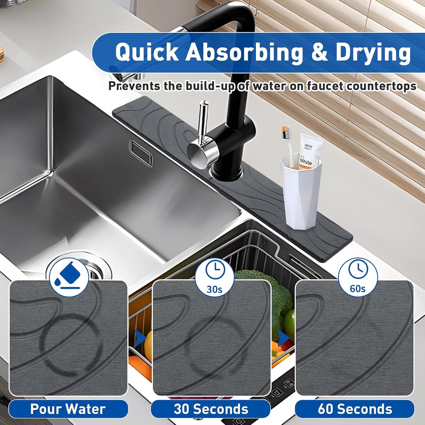 2 Pcs Faucet Mat for Kitchen Sink 15.74”×3.94” Diatomite Quick Dry Sink Splash Guard Absorbent Kitchen Stone Sink Tray Faucet Splash Guard for Bathroom Counter