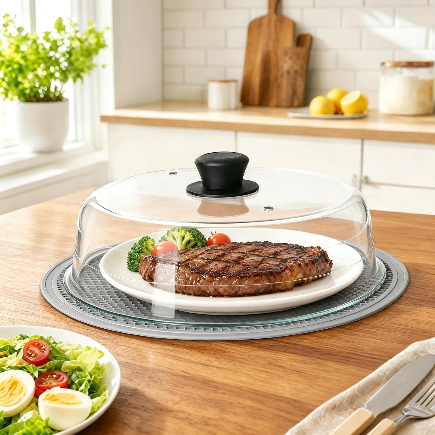 2-in-1 Glass Microwave Cover & Silicone Mat for Food, 10 Inch Borosilicate Microwave Splatter Cover with Silicone Handle & Dual Vents - BPA Free, Heat Resistant, Dishwasher Safe Splatter Guard