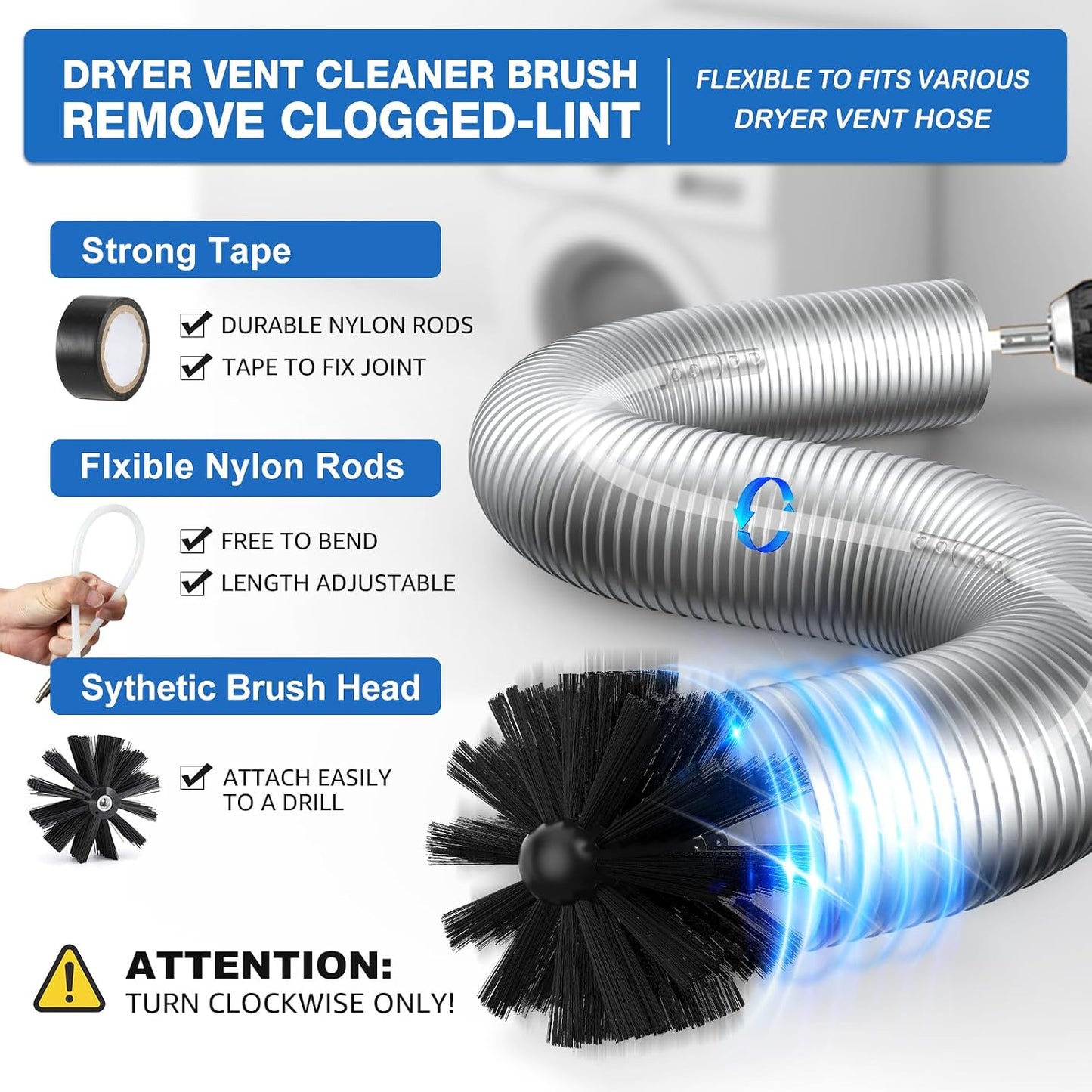 PetOde 22-piece 40-Feet Dryer Vent Cleaner Kit, Dryer Vent Cleaning Kit Lint Remover with Dryer Vent Brush, Vacuum Hose Attachment Cleaning Tools, Flexible Lint Trap Brush, Vacuum & Dryer Adapters | Omnidirectional Blue Dryer Lint Vacuum Attachment &