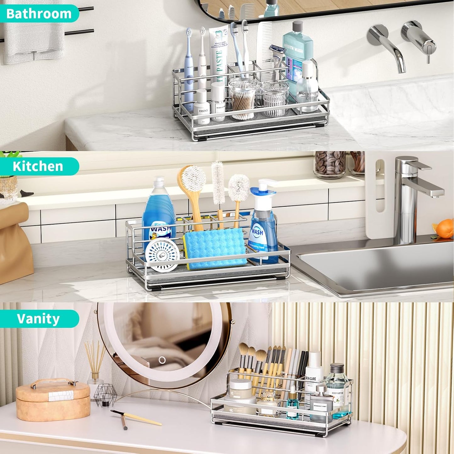 HapiRm Toothbrush Holders for Bathroom - 5 Partitions Bathroom Counter Organizer with Instant Drying Stone, Stainless Steel Countertop Storage Electric Toothbrush Toothpaste Holder - Black