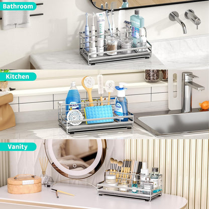 HapiRm Toothbrush Holders for Bathroom - 5 Partitions Bathroom Counter Organizer with Instant Drying Stone, Stainless Steel Countertop Storage Electric Toothbrush Toothpaste Holder - Black