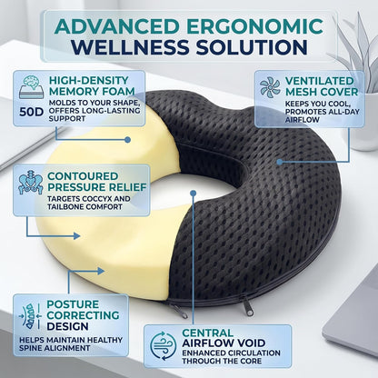 Circular Memory Foam Seat Cushion, Tailbone Pressure Relief Pillow for Office Chair Car Wheelchair, Breathable Mesh Comfort Pad for Daily Sitting Support (Black)