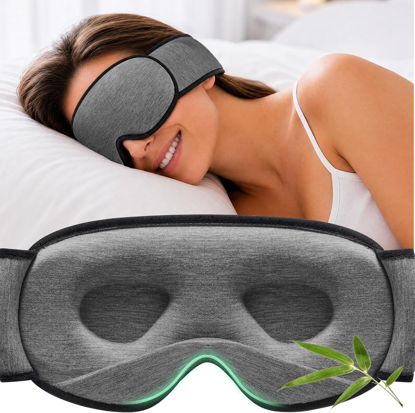 YFONG Sleep Mask for Side Sleepers Women Men, Soft & Breathable Bamboo Viscose Eye Mask for Sleeping, 100% Blackout 3D Eye Cover, Wider Adjustable Hook & Loop Straps for Ultra Comfort, Light Gray