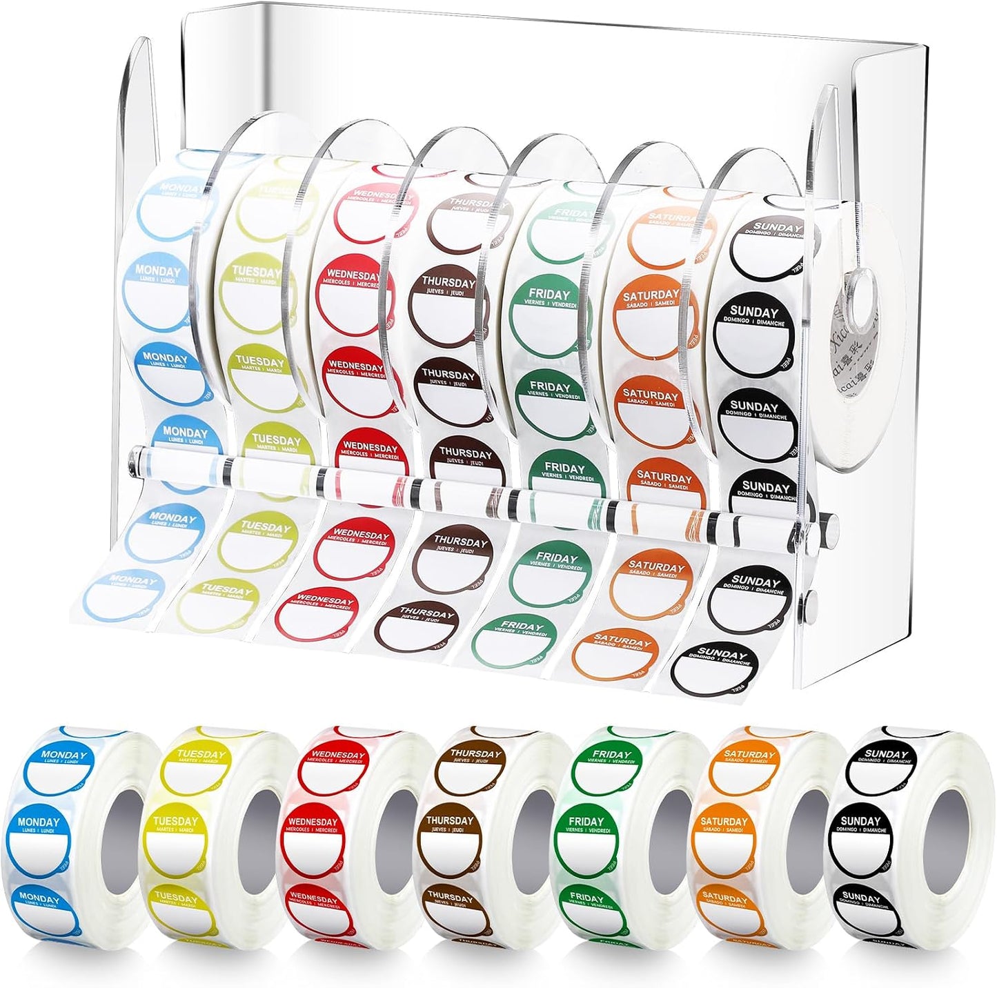 Resurhang 7000 Pcs Day of The Week Labels Food Labels with Adjustable Label Dispenser Monday Through Sunday Management Inventory Stickers Removable Weekly Self Adhesive Date Dot Stickers (Square)