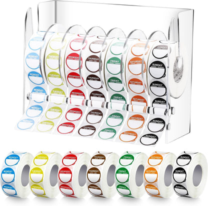 Resurhang 7000 Pcs Day of The Week Labels Food Labels with Adjustable Label Dispenser Monday Through Sunday Management Inventory Stickers Removable Weekly Self Adhesive Date Dot Stickers (Square)