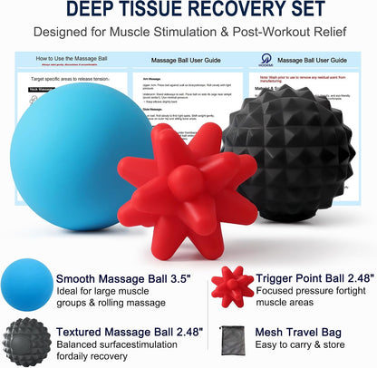 HODEMI Massage Ball Set, 3 Pack Spiky Ball, Lacrosse Ball & Peanut Massage Roller for Trigger Point Therapy, Deep Tissue Muscle Relaxation for Back, Neck, Hip, Leg & Foot with Mesh Bag
