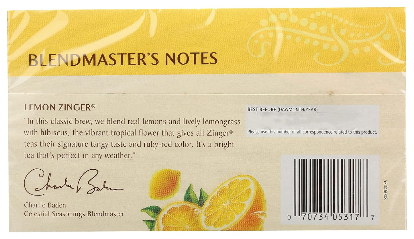 Celestial Seasonings Raspberry Zinger Herbal Tea, Caffeine Free, 20 Tea Bags Box