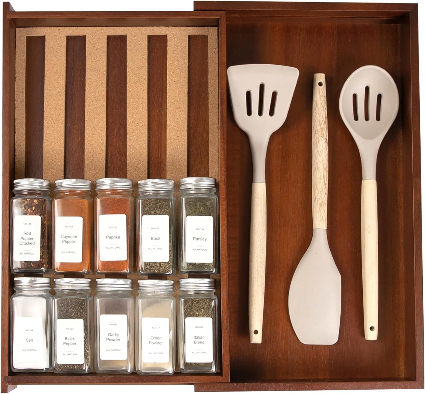 Expandable Spice Drawer Organizer, Bamboo | Holds up to 15 spice jars (not included), non-slip feet, 100% sustainable bamboo wood
