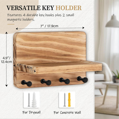 Nekon Key Holder for Wall with Shelf, Pine Wooden Key Hanger, Black | Small Wall Mounted Key Holder with 4 Hooks, Farmhouse Wall Organizer for Home Entryway & Apartment