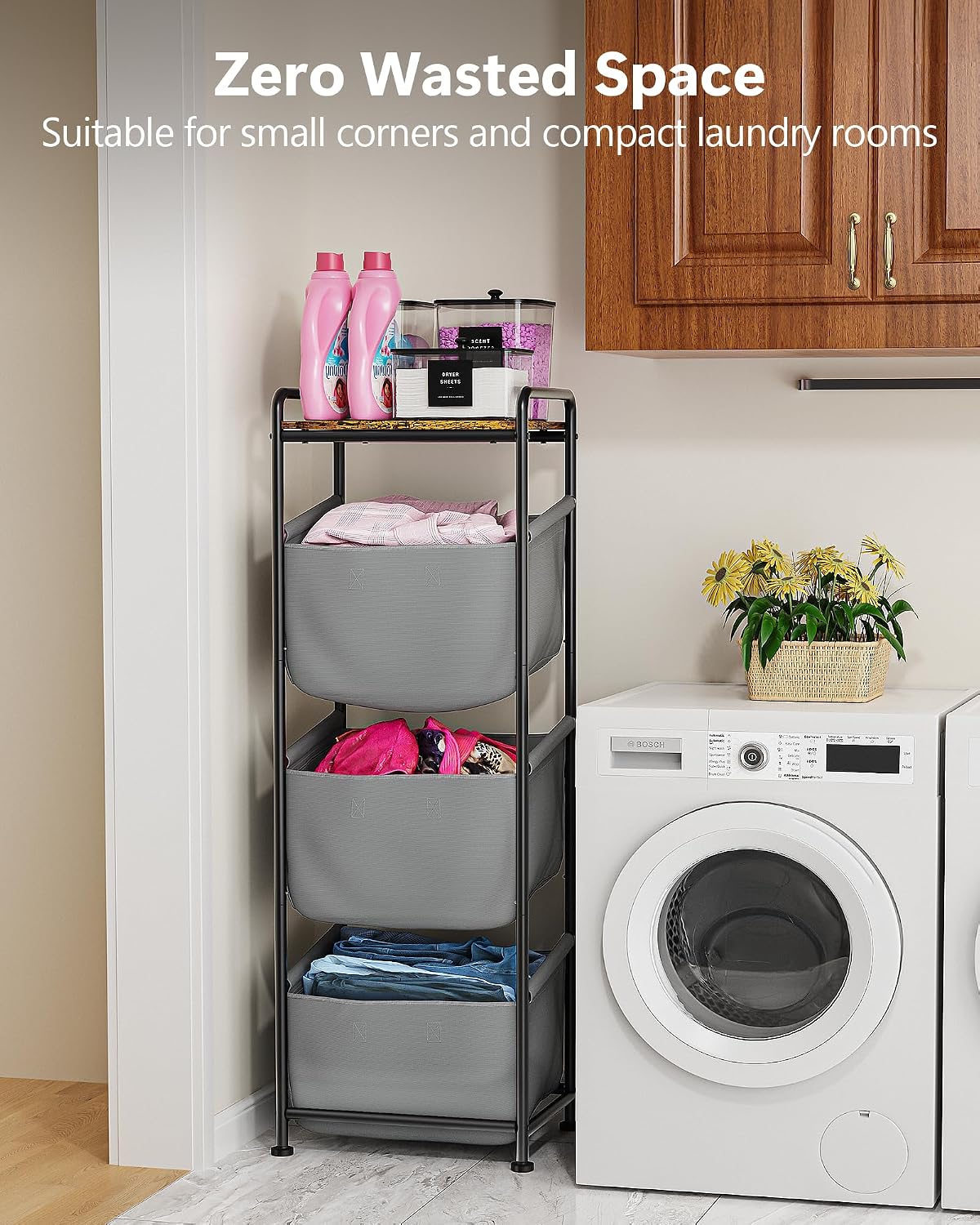 3 Section Laundry Sorter with Removable Bags, 120L Rolling Vertical Laundry Hamper, Stackable Laundry Baskets organizer for Bathroom, Apartment, Dorm (Beige, With Wheel)
