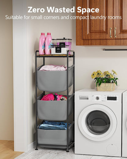 3 Section Laundry Sorter with Removable Bags, 120L Rolling Vertical Laundry Hamper, Stackable Laundry Baskets organizer for Bathroom, Apartment, Dorm (Beige, With Wheel)
