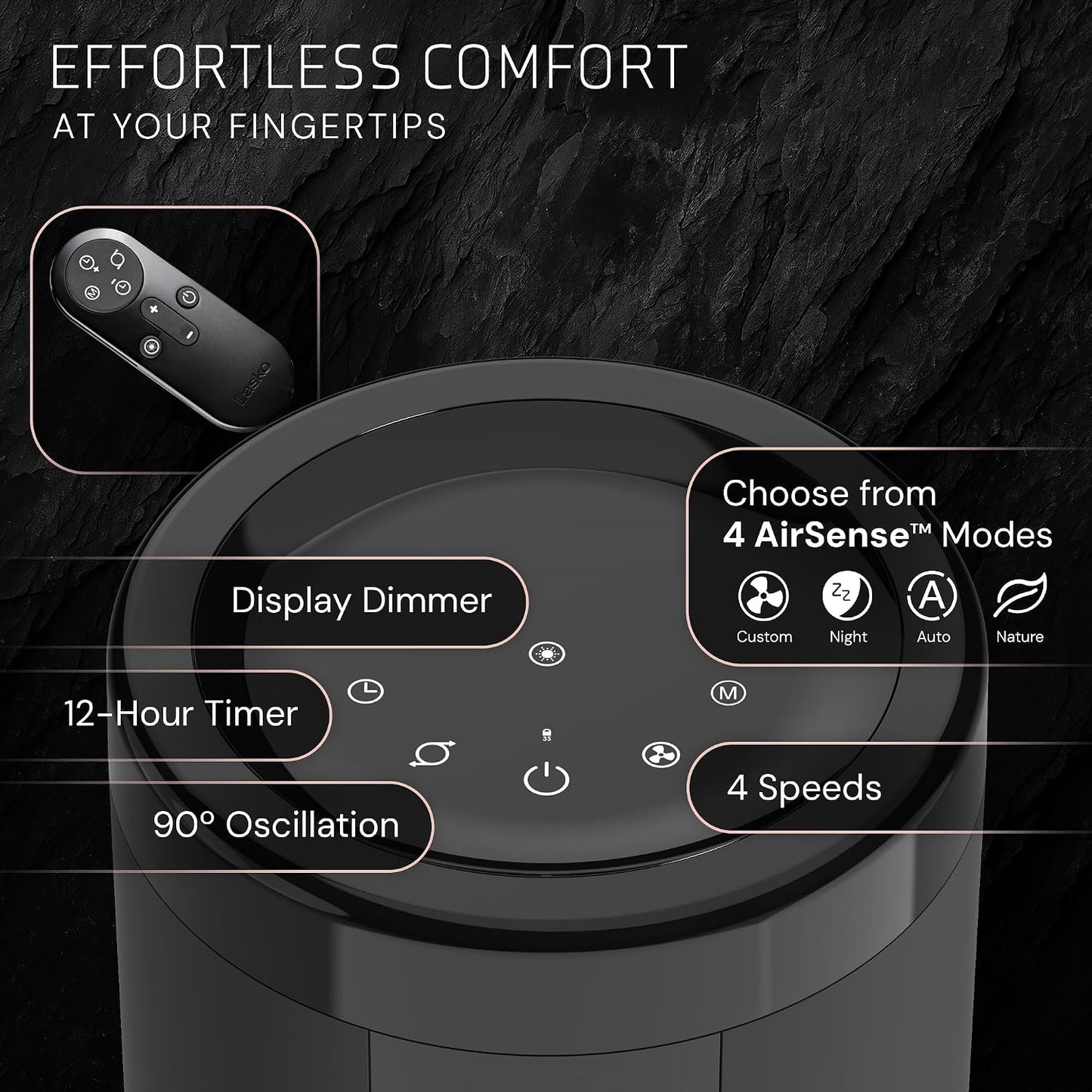 Lasko Elevation Tower Fan for Bedroom, Office, and Living Room - 42”-54” Adjustable Height Cooling with 31 ft/s Airflow and 90° Oscillation- Quiet 28 dB Operation - Remote Control - Black