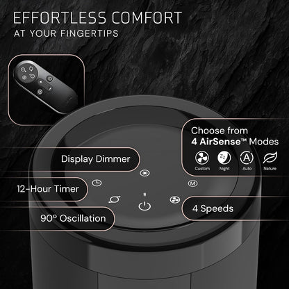 Lasko Elevation Tower Fan for Bedroom, Office, and Living Room - 42”-54” Adjustable Height Cooling with 31 ft/s Airflow and 90° Oscillation- Quiet 28 dB Operation - Remote Control - Black