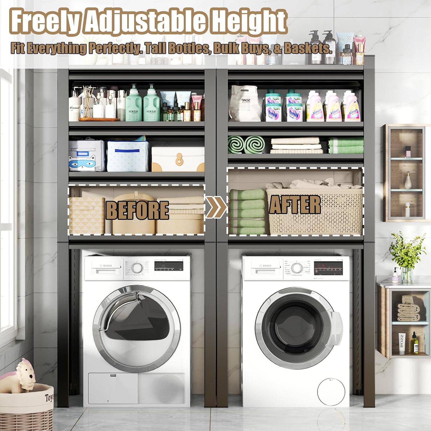 Over Washer and Dryer Shelves, 4 Tiers Adjustable Height Laundry Room Storage and Organizer Standing Shelf, Metal Freestanding Space Saving Organizers Shelf (4-Tier 63" H*45" W*15.7" D)