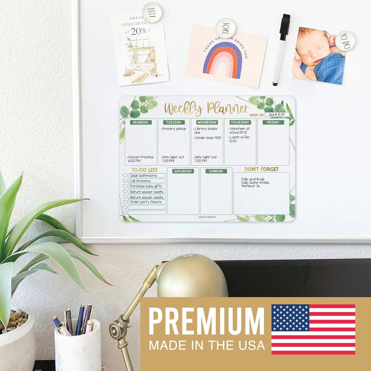 Hadley Designs Magnetic Weekly Planner for Fridge - Greenery Weekly Dry Erase Board, Week Magnetic Calendar for Refrigerator, Week Planner Board, Magnet Schedule Planners for Fridge