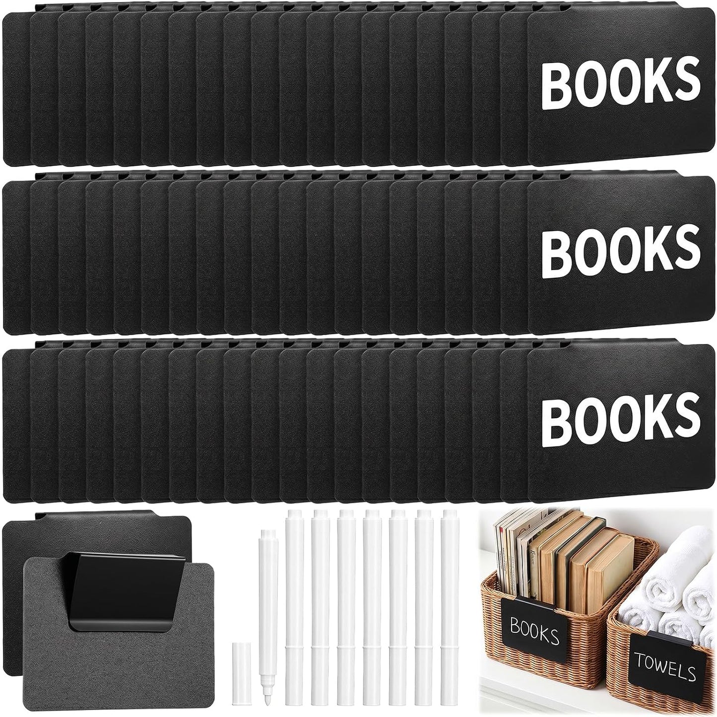 60 Pcs Plastic Basket Bin Label Clip on Removable Basket Label Clip with 8 Pcs White Chalk Markers for Kitchen Pantry Storage