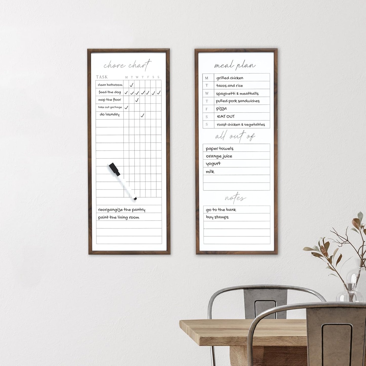Sheffield Home Set of Two Family Planner Dry Erase Boards Featuring, Chore Chart, Shopping List, Weekly Meal Planner and Notes, 9x21 Inch, Natural