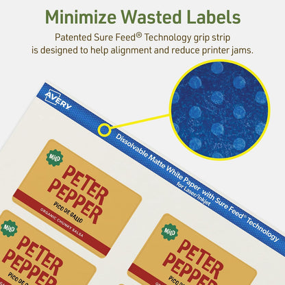 Avery Dissolvable Rectangle Labels, Sure Feed Technology, 2" x 3", Matte White, Print-to-The-Edge, Laser/Inkjet Printable, 40 Labels Total