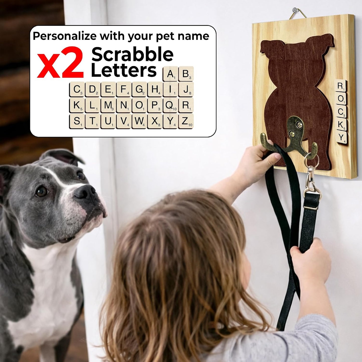 Dog Leash Holder Wall Mount, Pet Harness Hanger with Scrabble Letters, Dog Collar Organizer for Entryway, Memorial Cat Leash Holder for Wall, Pet Loss Gifts, Keepsake, Home Decor PF212-NAT