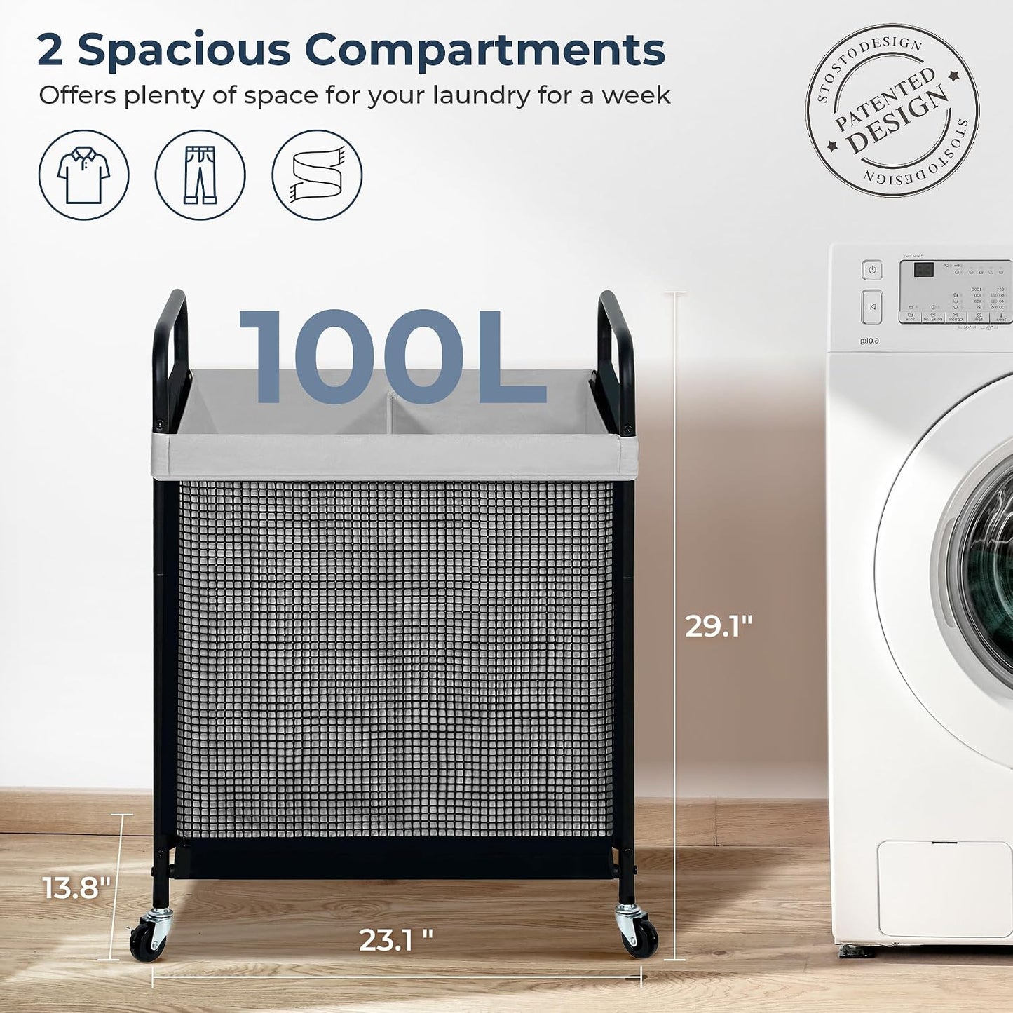 STO STO Laundry Hamper 2 Section, 100L Rolling Laundry Sorter Cart with Removable and Washable Liner Bag, Clothes Hamper with Wheels and Metal Handle for Laundry Room and Bedroom