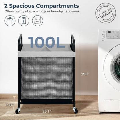 STO STO Laundry Hamper 2 Section, 100L Rolling Laundry Sorter Cart with Removable and Washable Liner Bag, Clothes Hamper with Wheels and Metal Handle for Laundry Room and Bedroom