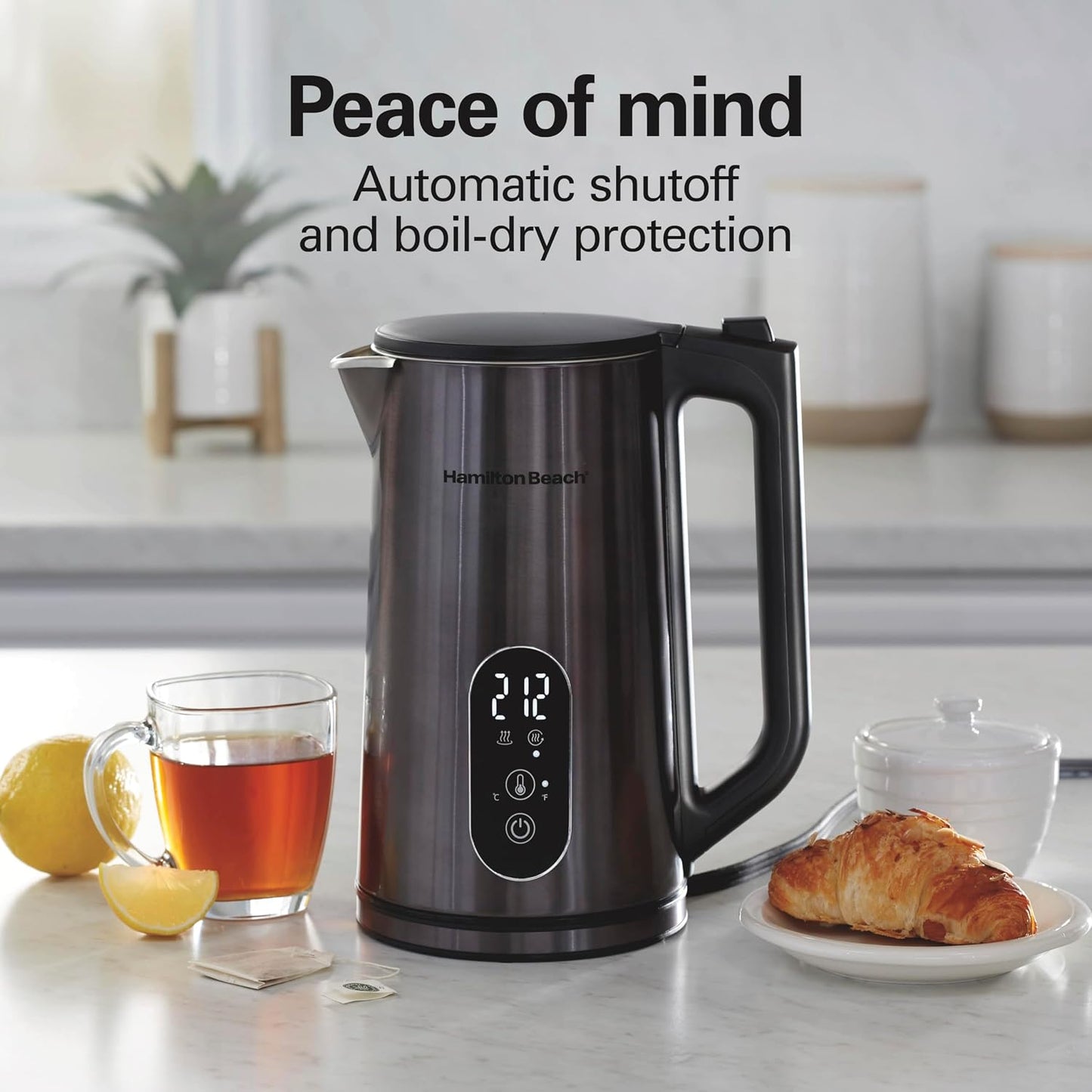 Hamilton Beach Digital 1.7L Electric Tea Kettle, Water Boiler & Heater | Fast Boiling 1500 Watts |Temp Control + 5 Presets | BPA Free | Cordless Serving | Auto-Shutoff & Boil-Dry Protection | Black