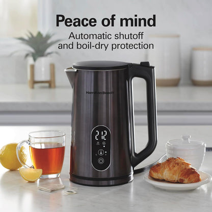 Hamilton Beach Digital 1.7L Electric Tea Kettle, Water Boiler & Heater | Fast Boiling 1500 Watts |Temp Control + 5 Presets | BPA Free | Cordless Serving | Auto-Shutoff & Boil-Dry Protection | Black