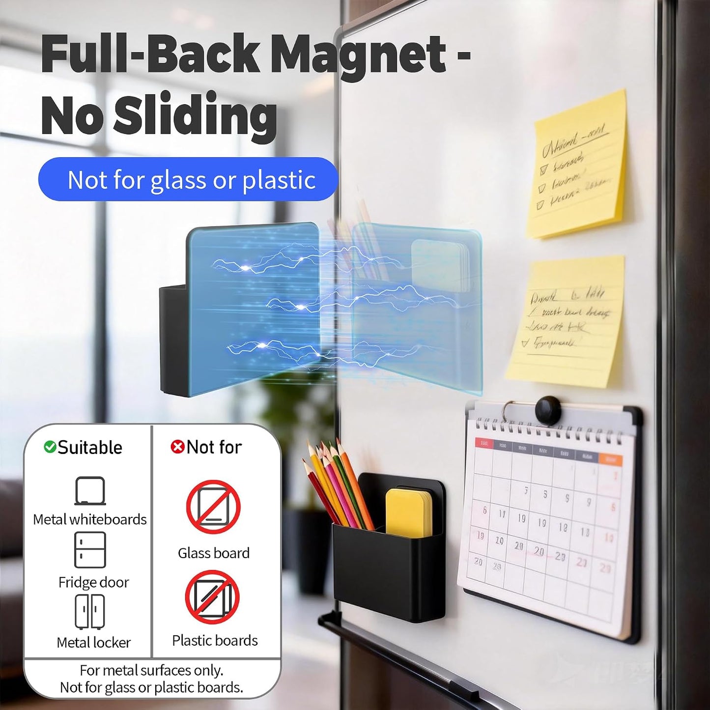 2 Pack Magnetic Pen Holder for Refrigerator & Whiteboard, Full-Back Magnet Dry Erase Marker Holder with Adjustable Divider, Magnetic Marker Holder for White Board Office Desk Locker Accessories, Black