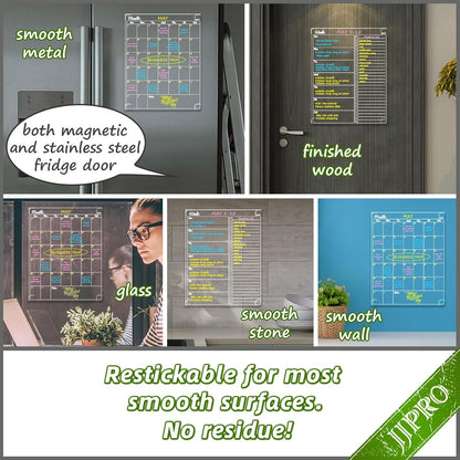 JJPRO Non-Magnetic Dry Erase Calendar for Fridge, Monthly Calendar, Weekly Planning Board Bundle for All Smooth Surfaces. Clear Reusable Calendar Stick to Fridge,Cabinet,Door&Glass