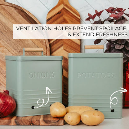 Beautiful Potato and Onion Storage Container Set - Food Safe Metal Bins | Spacious 10.1" and 8.9" Canisters for Your Kitchen Counter or Pantry - Keeps Produce Fresh Longer