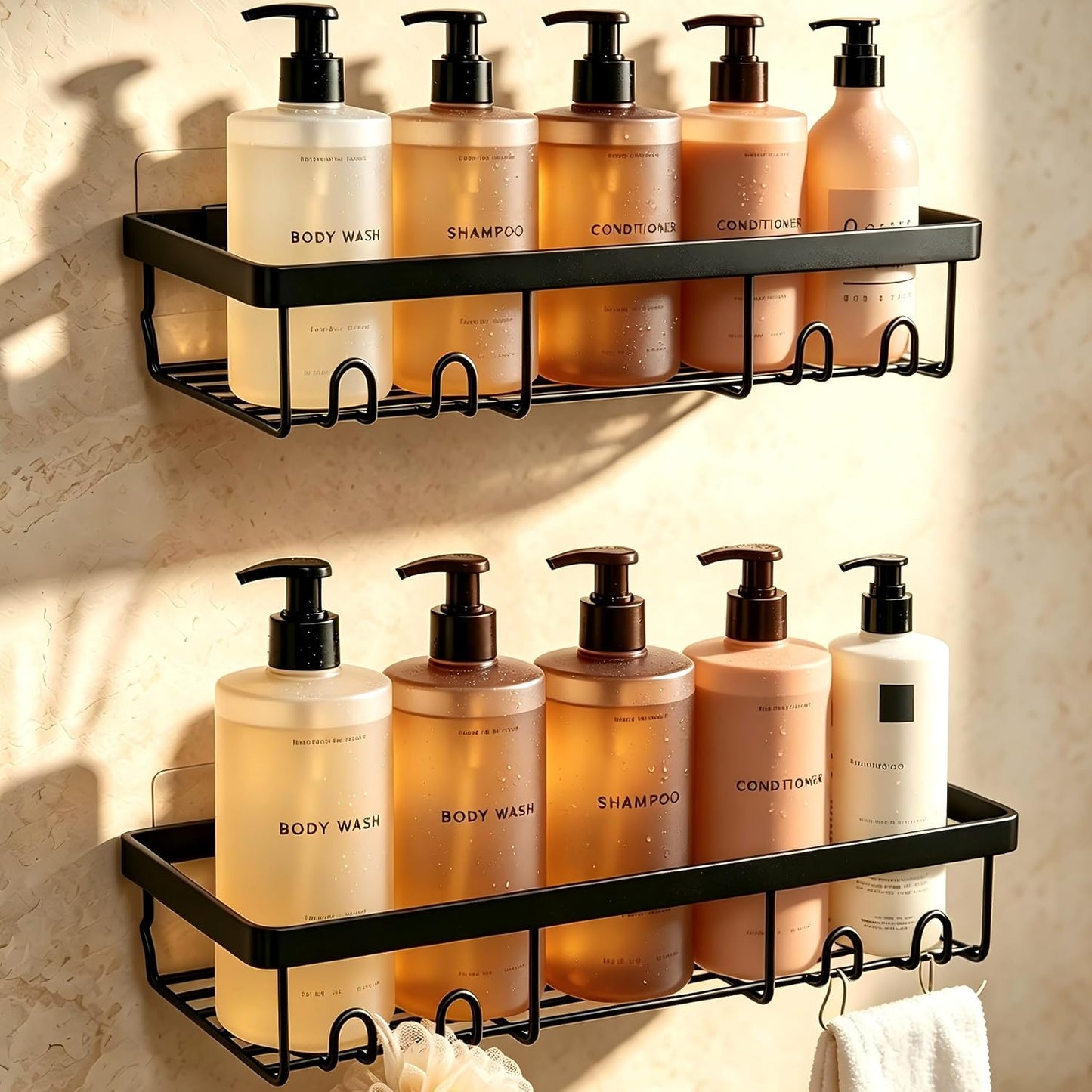 Moforoco Shower Caddy Shelf Organizer Rack, Self Adhesive Black Bathroom Shelves Basket, Home Farmhouse Wall Inside Organization and Storage Decor Rv Accessories, First Camper Apartment Essentials