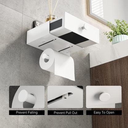 VOLDRA Toilet Paper Holder with Shelf Black Wipes Dispenser for Bathroom Toilet Paper Holder with Storage Upgrade Drawer Design Toilet Tissue Holder Adhesive Small Bathroom Shelf Wall Mount