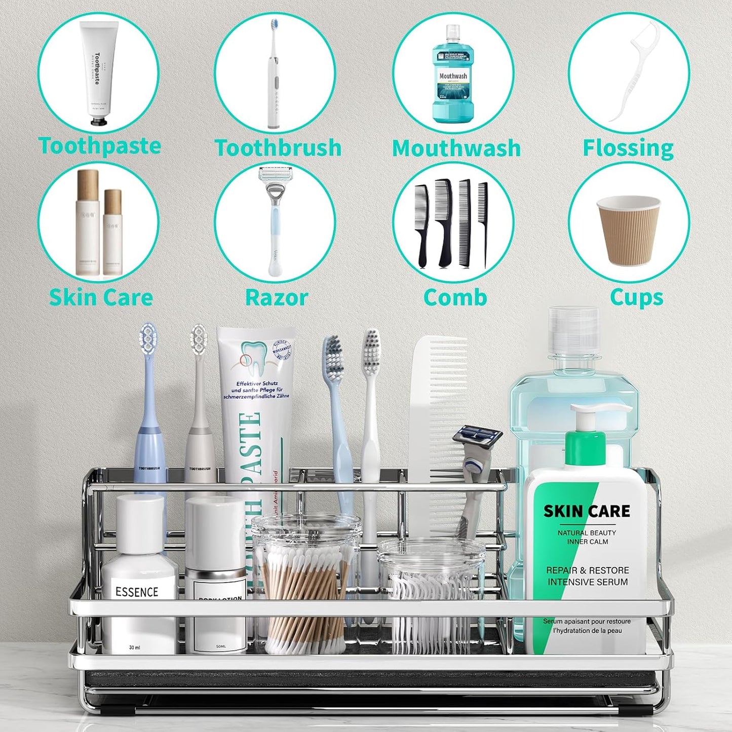 HapiRm Toothbrush Holders for Bathroom - 5 Partitions Bathroom Counter Organizer with Instant Drying Stone, Stainless Steel Countertop Storage Electric Toothbrush Toothpaste Holder - Black