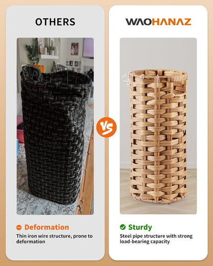 Rattan Umbrella Stand, Umbrella Holder for Entryway, Hand Woven Umbrella Rack Organizer Freestanding, with a Detachable Drip Tray, 4 Hooks, 7.5" L x 7.5" W x 16.5" H