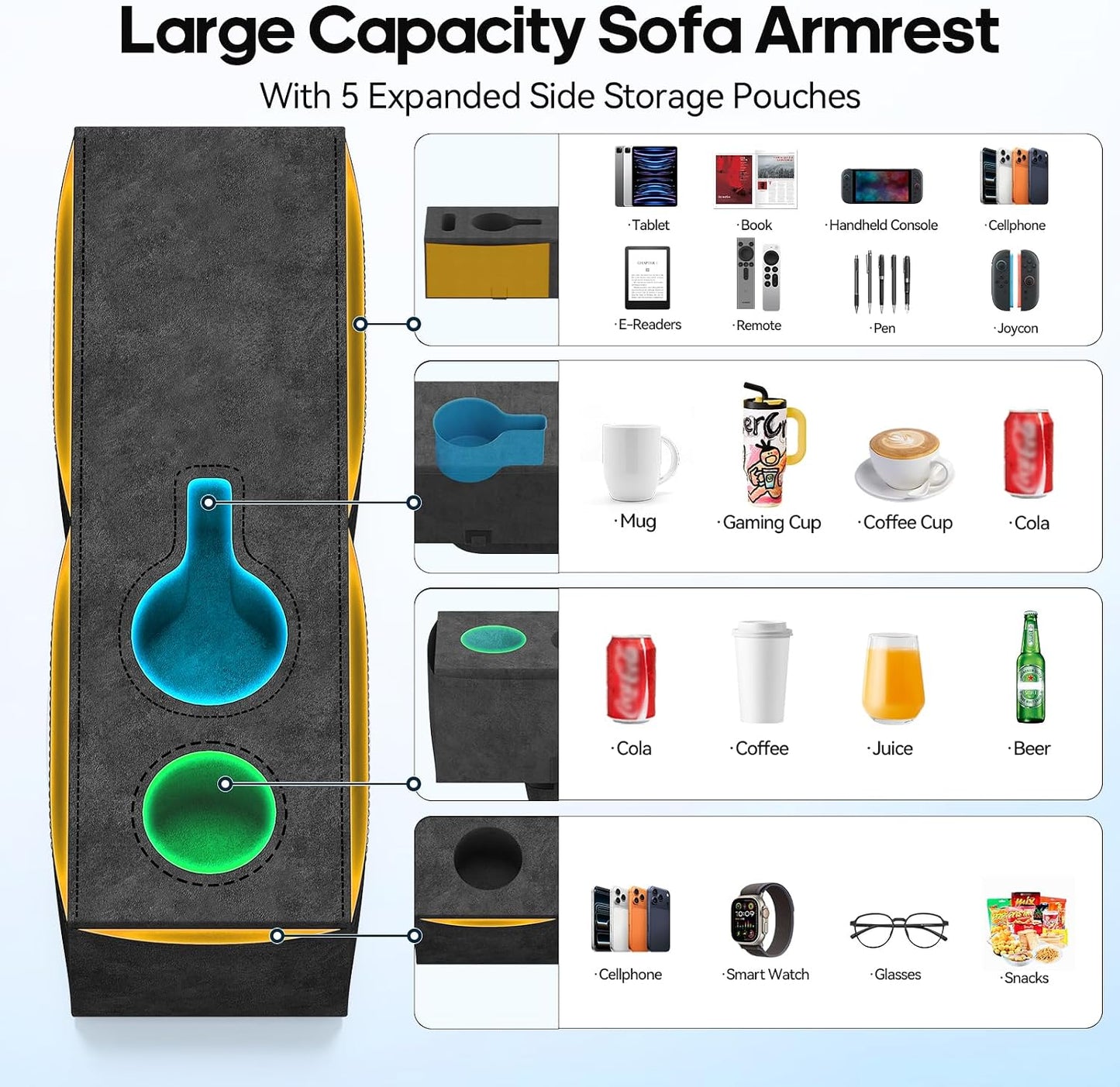 Removable Sofa Armrest Couch Caddy with Cup Holder Insert Between Cushions | Sofa Accessories Storage, Couch Armrest Pillow Table with Drink Holder