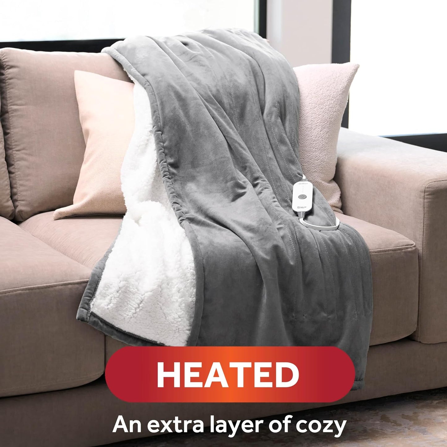 Sunbeam Electric Throw Royal Mink Sherpa Heated Blanket, 4 Heat Settings, 4-Hour Auto Shut-Off, Fast Heating, Luxurious and Ultra Comfy, Cabernet Color, 50" x 60"