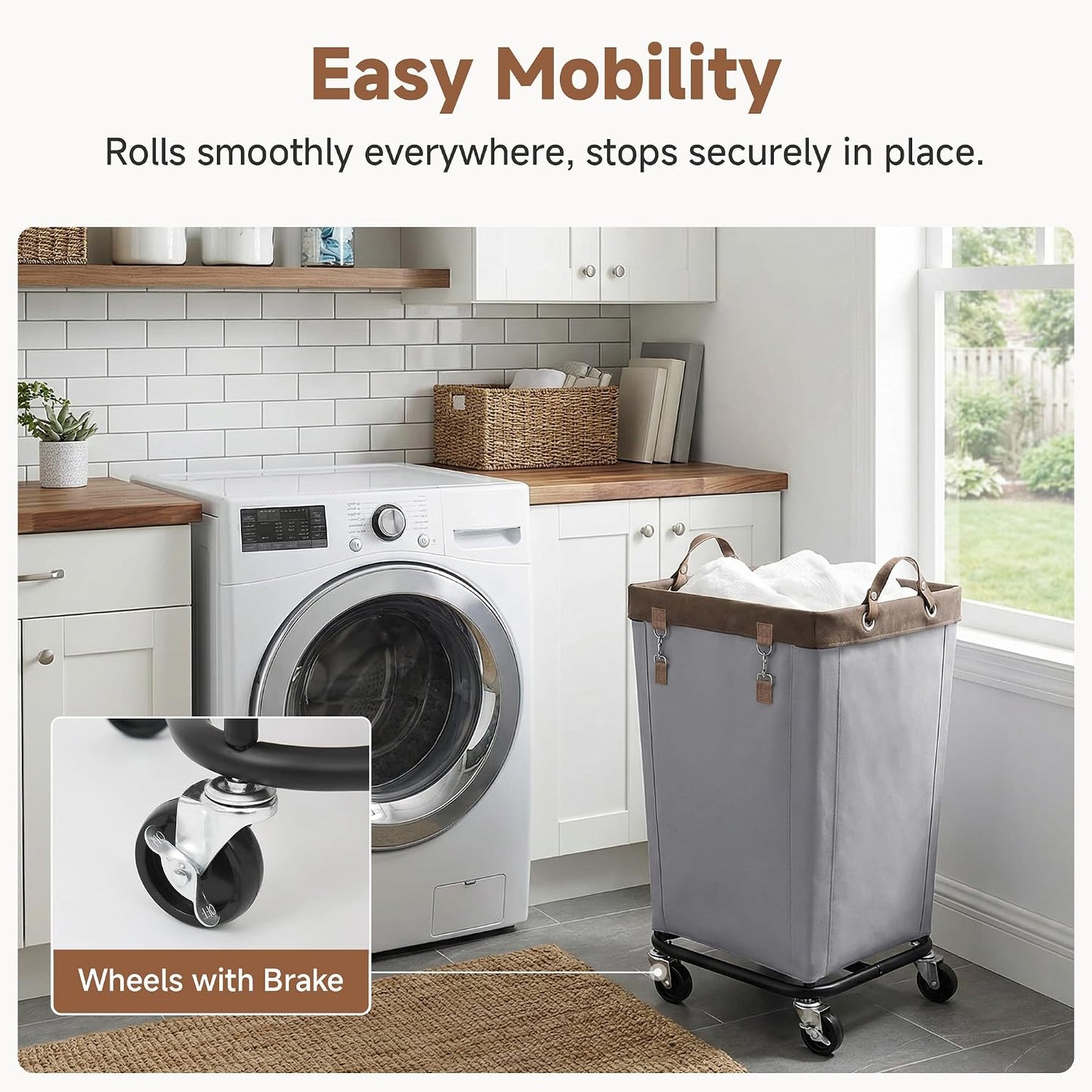 StorageWorks 160L Laundry Basket with Wheels, Rolling Hampers for Clothing | Beige Laundry Basket with Wheels, Metal Frame & Handles, Rolling Hamper for Bedroom, Bathroom, Dorm, Hotel