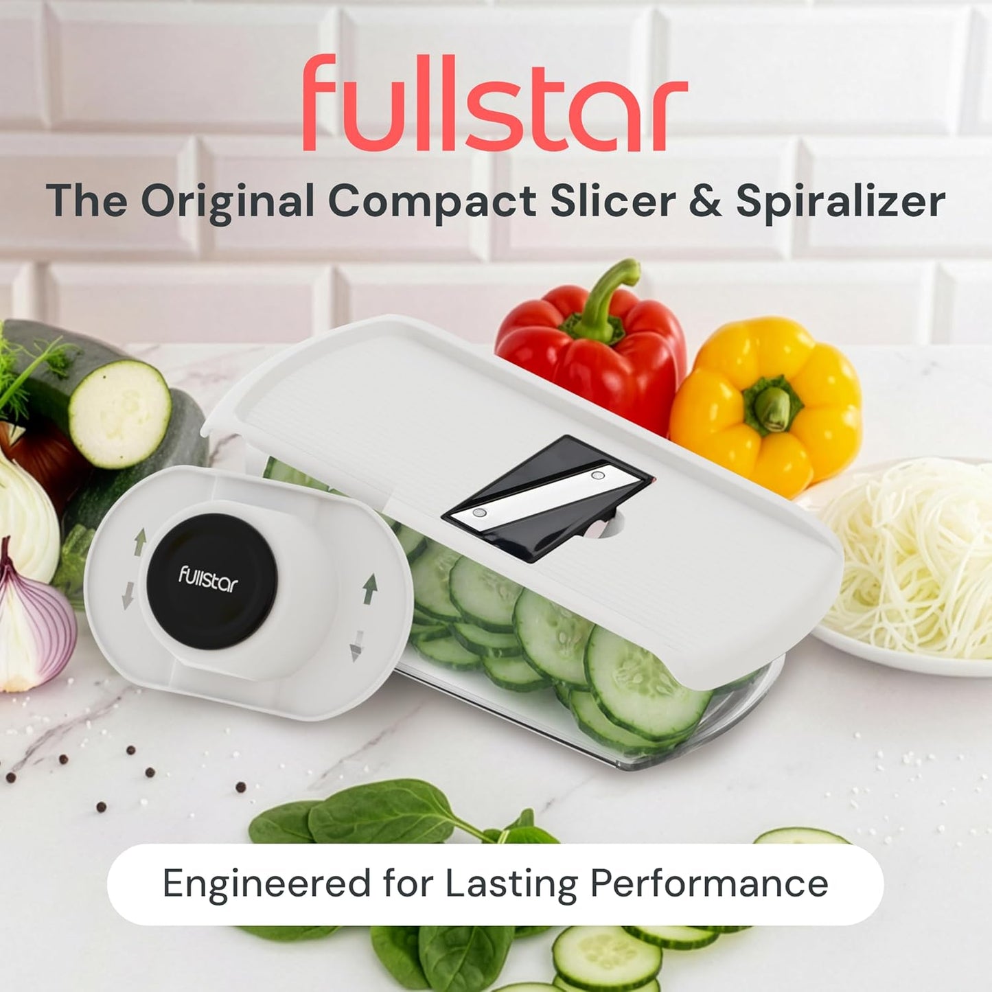 Fullstar Pro Mandoline Vegetable Slicer, Grater & Spiralizer with Container | 6 in 1 Fruit Cutter, Cheese Grater & Spiralizer with Safety Gloves, Stainless Steel Blades & Container (Black)