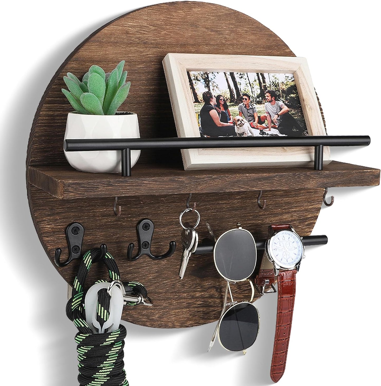 Key Holder for Wall Decorative with Shelf and Hooks, Mail Organizer Wall Mount with Sunglasses Holder, Circular Design Entryway Key Rack Hanger, Rustic Home Decor Boho Wall Decor (White)