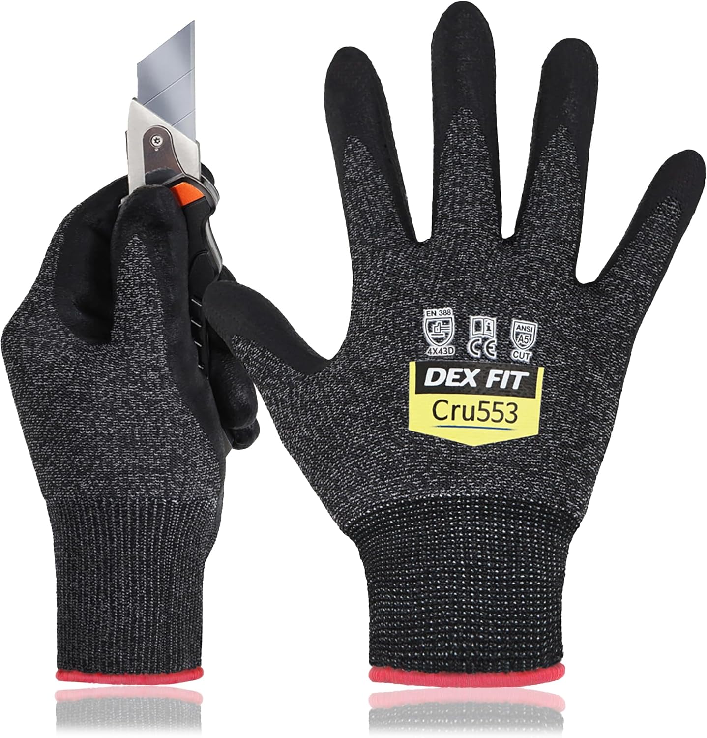 DEX FIT Level 5 Cut Resistant Gloves Cru553, 3D-Comfort Fit, Firm Grip, Thin & Lightweight, Touch-Screen Compatible, Durable, Breathable & Cool, Machine Washable; Grey L (9) 1 Pair