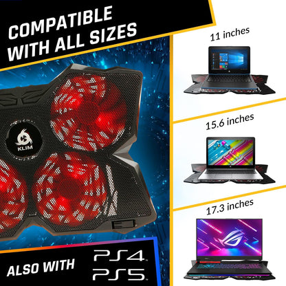 KLIM Wind Laptop Cooling Pad - More Than 500 000 Units Sold - New Version - The Most Powerful Rapid Action Cooling Fan - Laptop Stand with 4 Cooling Fans at 1200 RPM - USB Fan - PS5 PS4 - RGB
