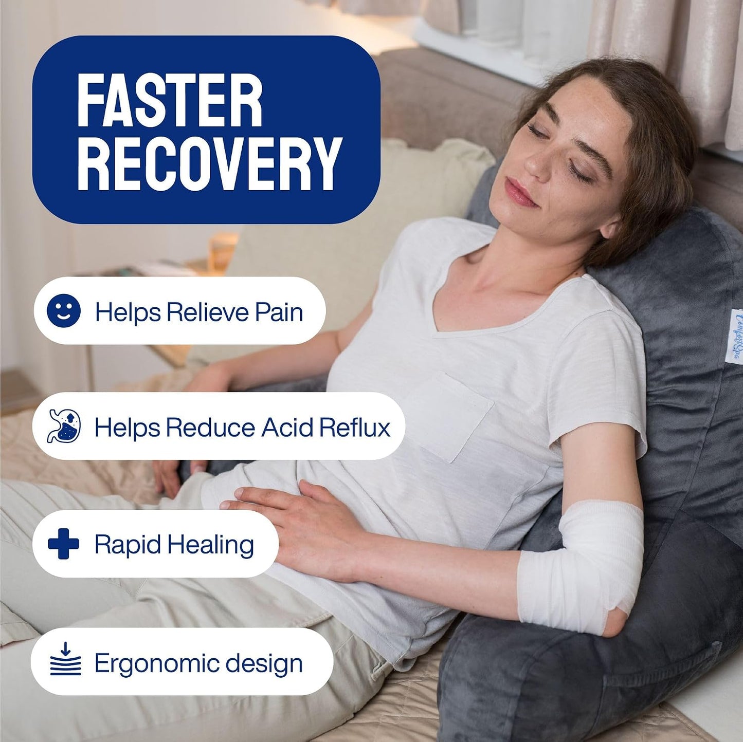 Reading Pillow for Bed with Arms Pockets for Adults, Large Grey | Bed Pillow for Sitting Up for Nursing, Breast Feeding, Bedrest or Relief from GERD or Heartburn; Removable, Washable Cover