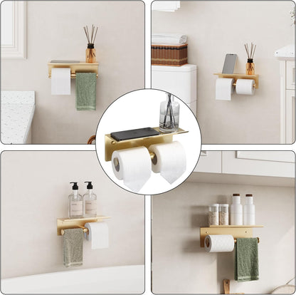 Black Toilet Paper Roll Holder with Shelf Wall Mounted for Bathroom (Black, Double Head)