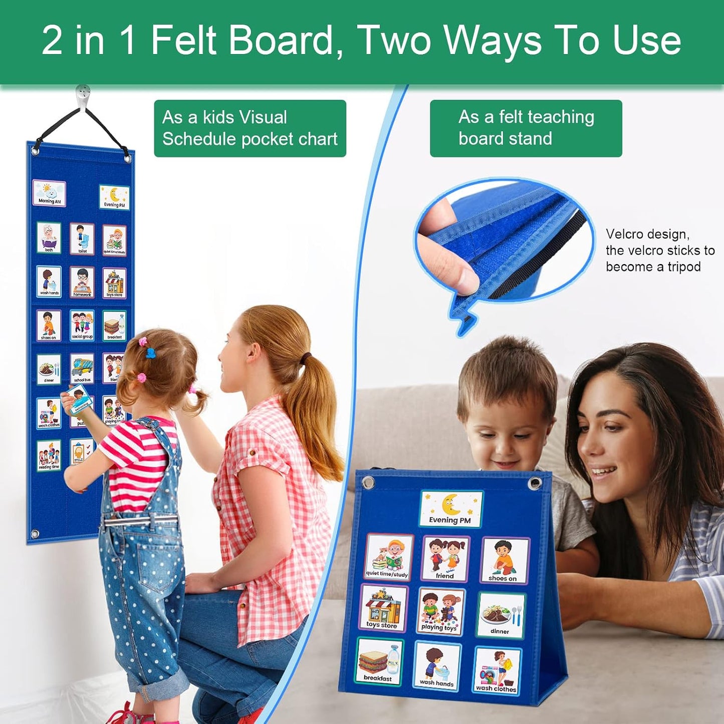 KIKIGOAL Kids Visual Schedule Calendar Chart, 2 in 1 Autism Daily Chore Routine Chart with 96 Cards Autism Learning Materials Bedtime Routine for Toddlers Home School