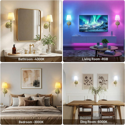 Battery Operated Wall Sconces Set of 2, Wireless Rechargeable Wall Lights with 12 RGB Colors and 3CCT Dimmable, Small Fabric LED Wall Lamps for Bedroom, Living Room, Hallway, Gold