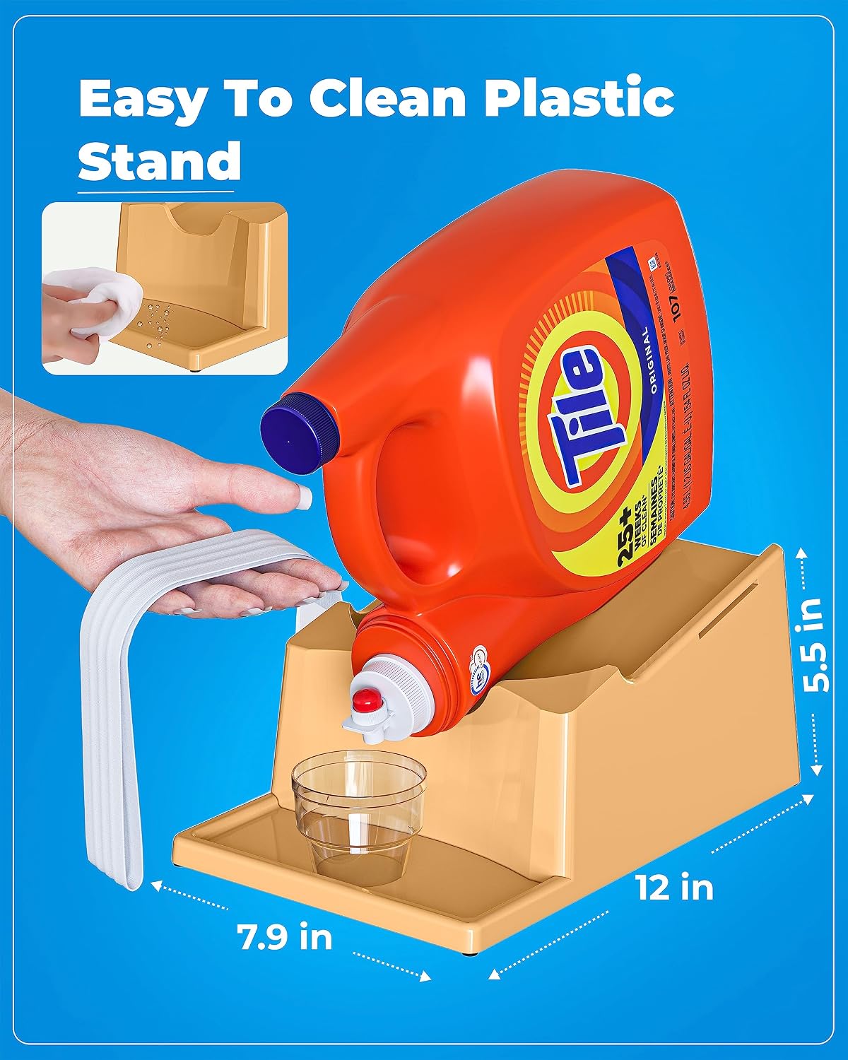 Liquid Laundry Detergent Holder Stand with Drip Tray - 1 Pack - White | Easy Pouring, Rubber Feet, Secure Strap, Angled Stand, Fabric Softener Dispenser for Laundry Room Organization & Storage