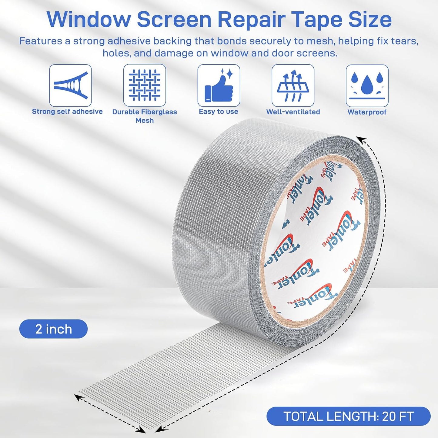 Gray Window Screen Repair Tape 2" x 40FT Fiberglass Strong Adhesive | Waterproof fiberglass mesh repair patch, fixes holes and tears, easy to cut and stick for window door screen repair