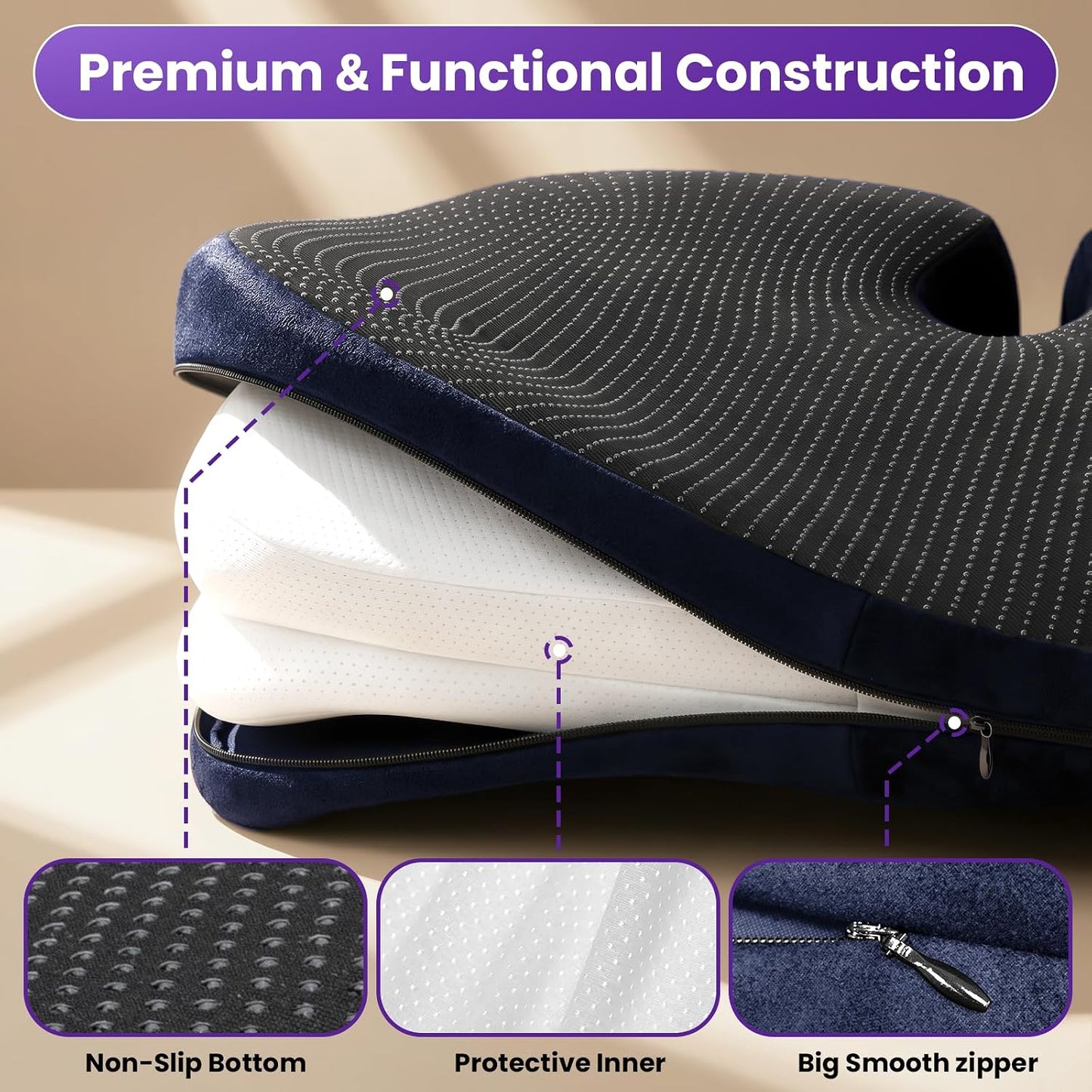 ZZ-WELL Seat Cushions for Office Chairs, Coccyx Cushion for Tailbone Pain, Memory Foam Butt Pillows for Computer Gaming Chair, Patented Pressure Relief Design Chair Cushion (Light Grey, XX-Large)